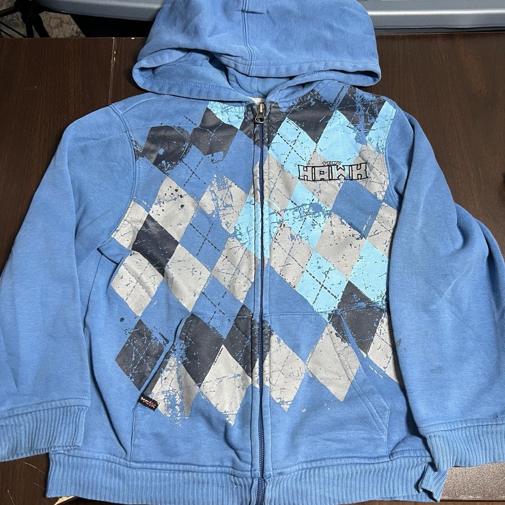 Y2K Hawk Boys Size XL 7X Blue Argyle Graphic Zip Up Hoodie Tony Hawk *READ - Picture 2 of 9